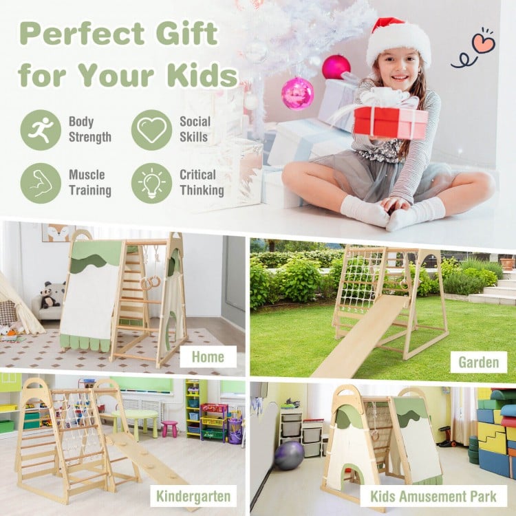 6-in-1 wooden kids jungle gym playset with slide, climbing net, and monkey bars for home or garden fun and development.