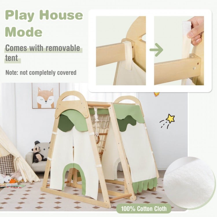 Wooden kids jungle gym playset in play house mode with removable tent, featuring natural beech wood for stability.