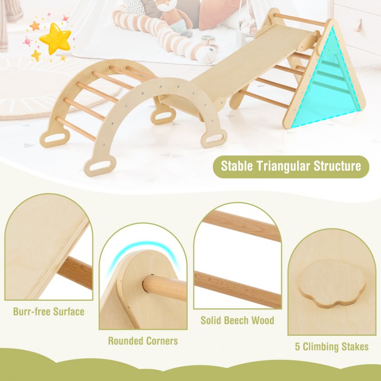 5-in-1 wooden kids climber with a stable triangular structure, solid beech wood, and smooth edges for safe play.