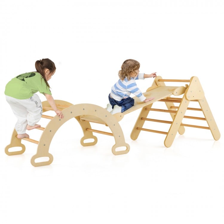 Wooden kids climber set featuring a triangle arch and ramp, designed for toddlers to enhance motor skills and play.