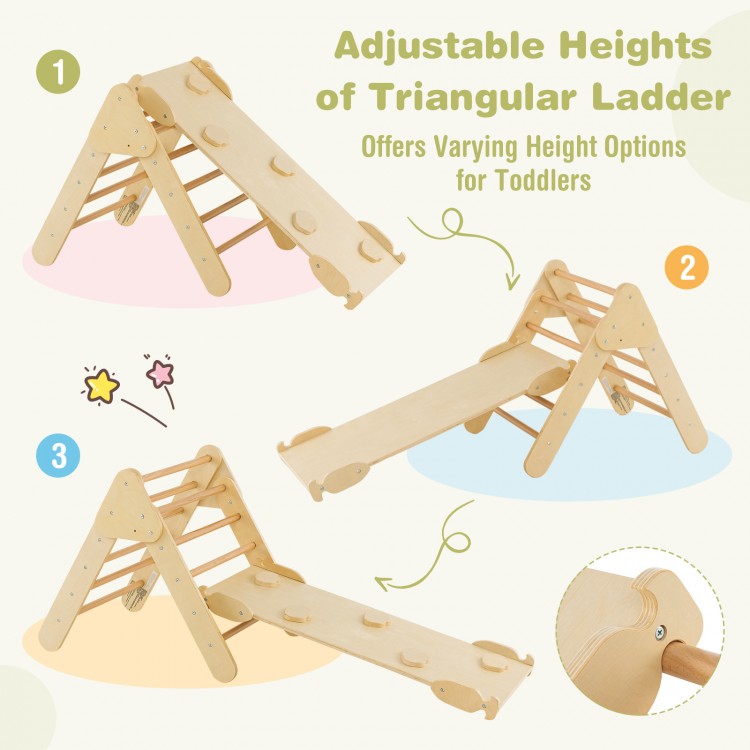 Adjustable triangular ladder with varying heights for toddlers, made of solid beech wood for safe climbing and sliding.
