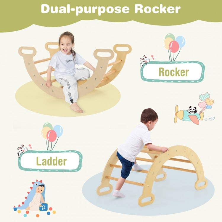 Wooden kids climber with dual-purpose rocker and adjustable ladder, made of solid beech wood for toddlers aged 1+.