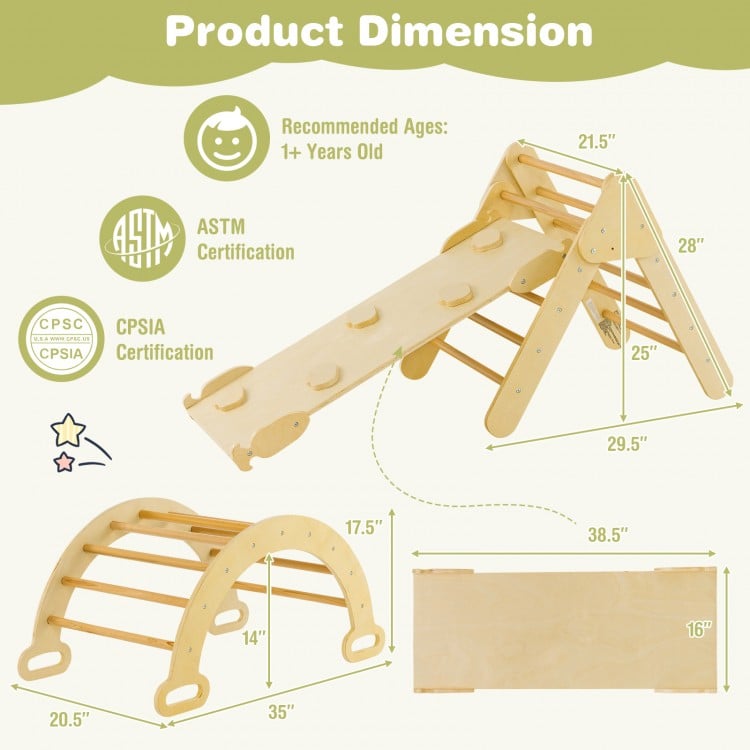 Wooden kids climber with adjustable triangular ramp, designed for ages 1+, promoting motor skills and stability.