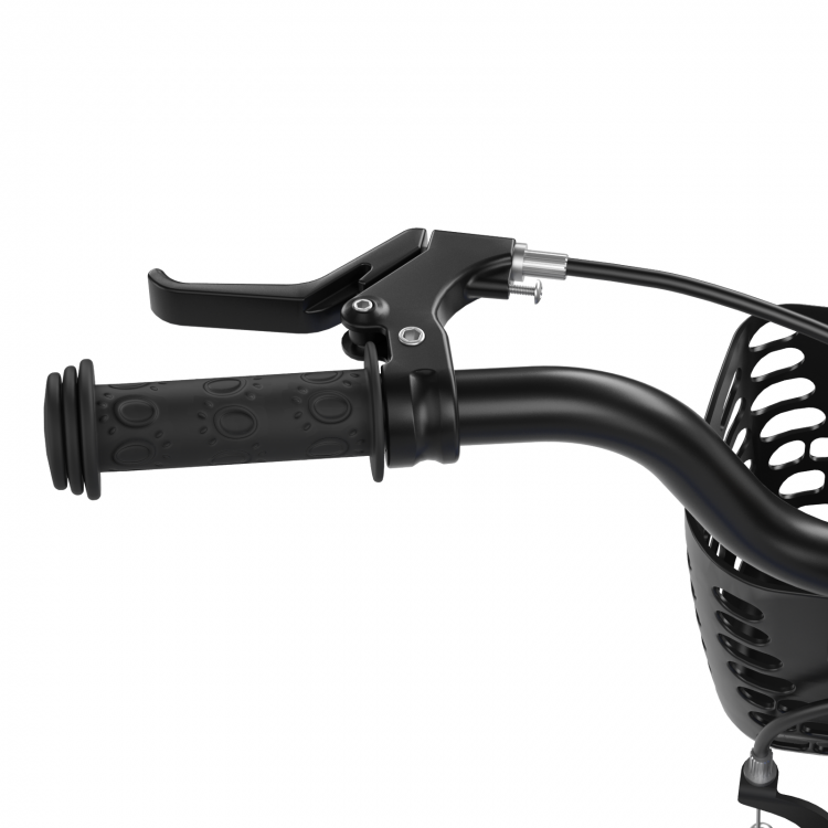 Close-up of the hand brake and grip on the 18 Feet Kids Bike with removable training wheels for enhanced safety.