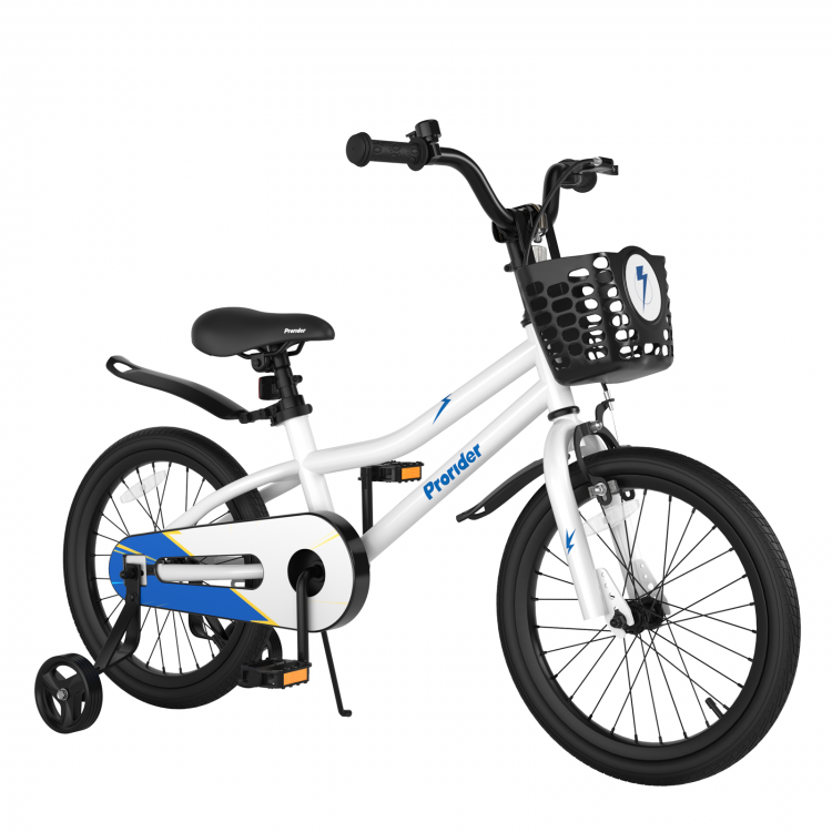 Kids bike with removable training wheels, white frame, adjustable seat, and storage basket for toys and snacks.
