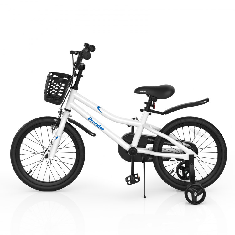 Kids bike in white with removable training wheels, adjustable seat, and storage basket for toys and snacks.