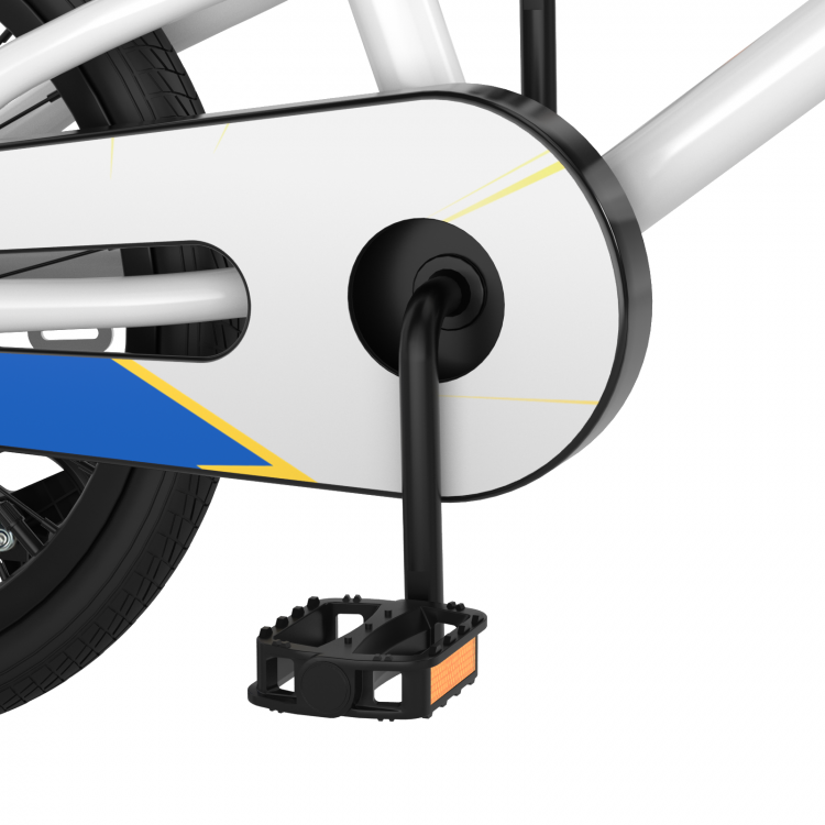 Close-up of the black pedal on the 18 Feet Kids Bike with removable training wheels, featuring a durable carbon steel.