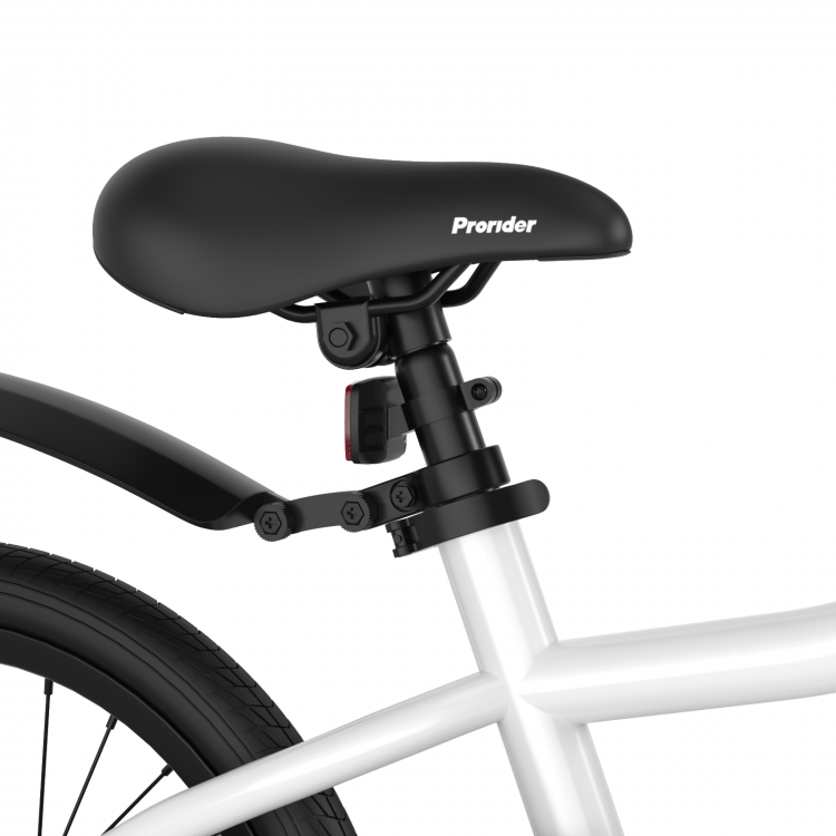 Close-up of the height-adjustable black seat on the 18 Feet Kids Bike with removable training wheels for comfort.