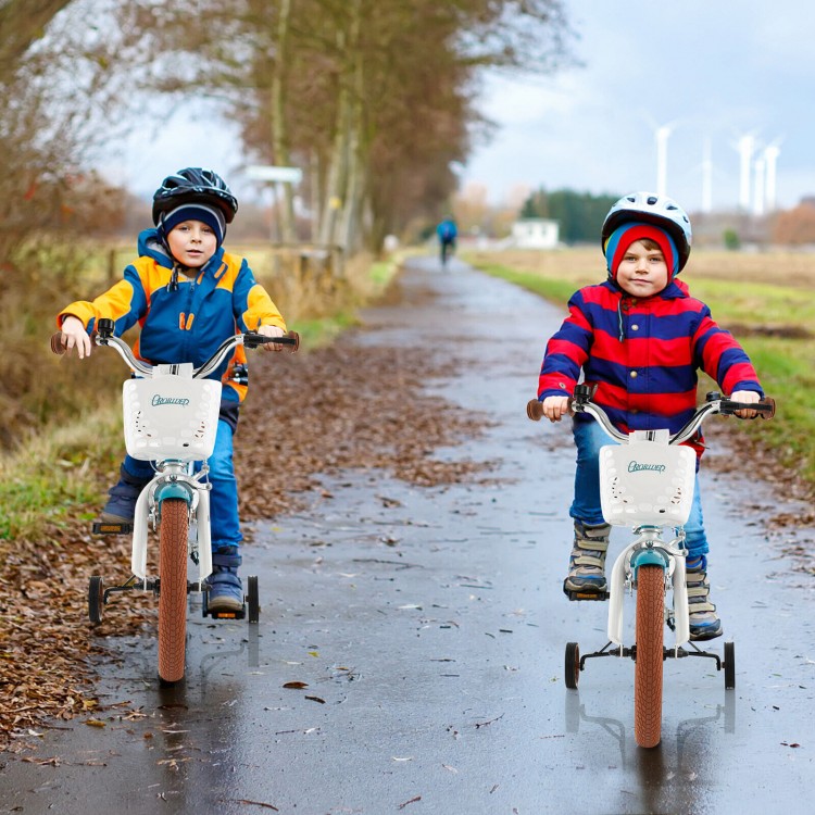 Two children riding a turquoise 16-inch kids bike with training wheels, featuring a front handbrake and storage basket.