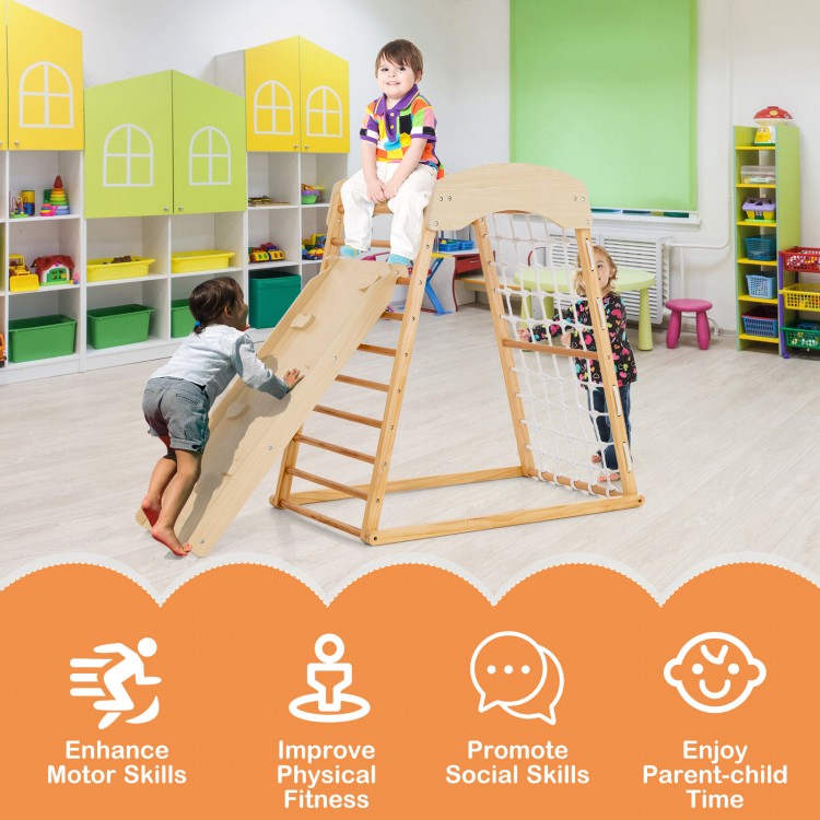 Wooden 6-in-1 jungle gym with double-sided ramp and monkey bars, designed for indoor play and enhancing motor skills.