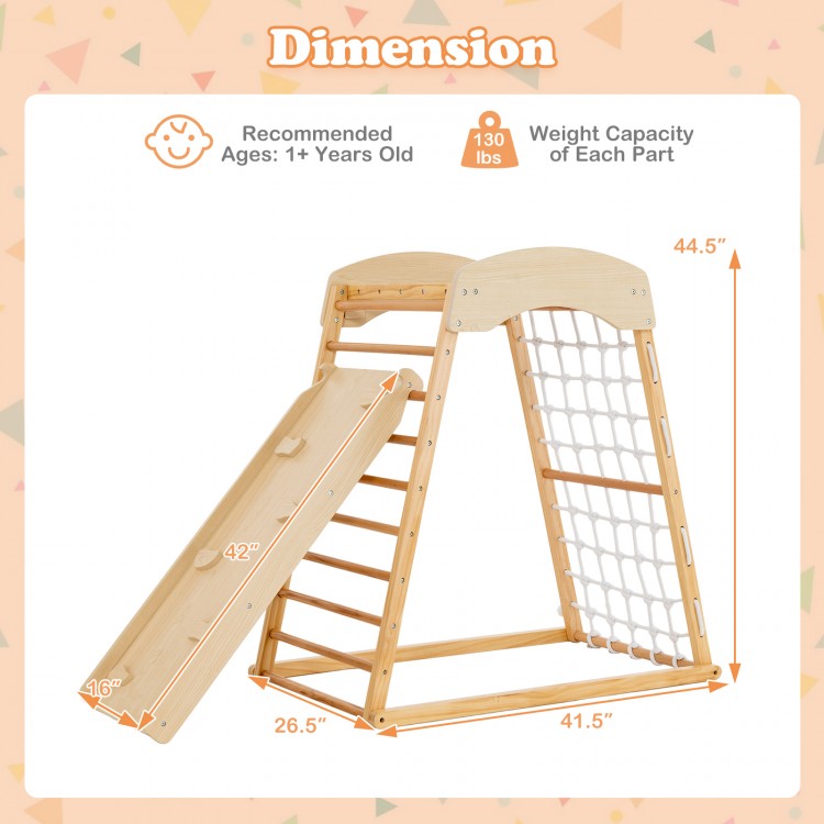 6-in-1 wooden jungle gym with adjustable double-sided ramp, monkey bars, and safety features for indoor play.