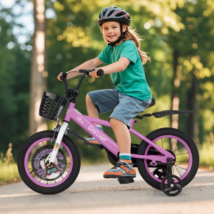 14-inch kids bike in pink with adjustable handlebars, training wheels, and front basket for children aged 3-5 years.