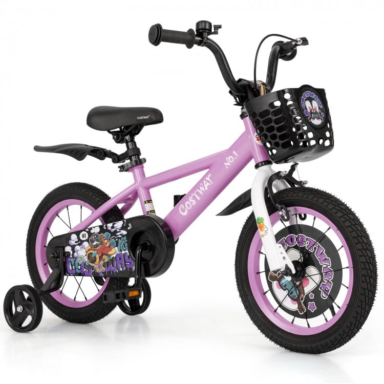 14-inch kids bike in pink with adjustable handlebars, training wheels, and front basket for ages 3-5 years.