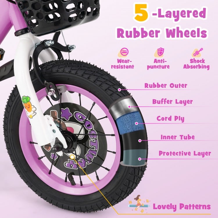 Close-up of the 14-inch kids bike's 5-layer rubber wheels, featuring anti-puncture and shock-absorbing design for.