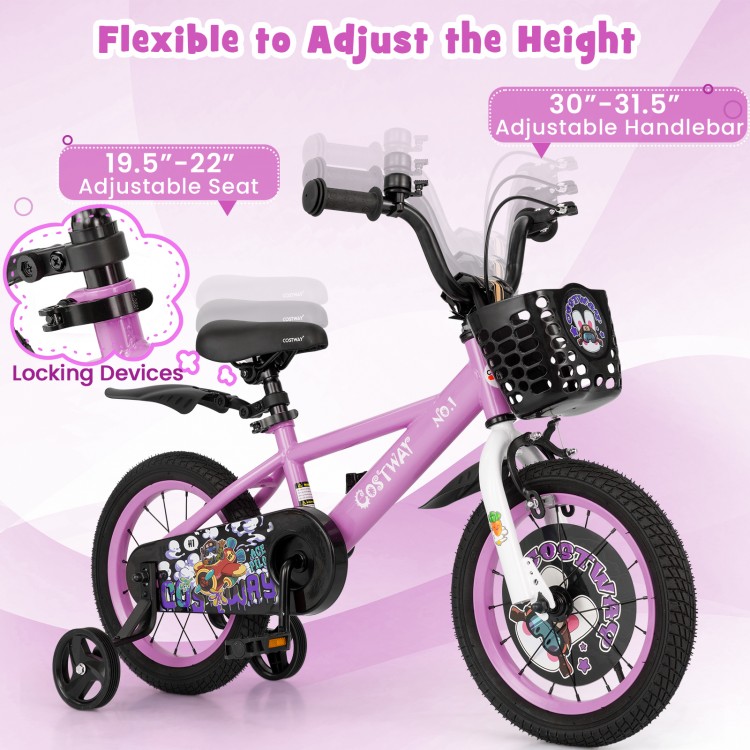 14-inch kids bike in pink with adjustable seat and handlebars, featuring removable training wheels and front basket.