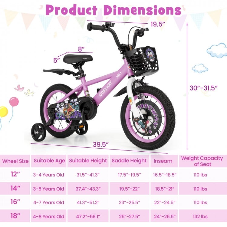 14-inch kids bike in pink with adjustable handlebars, removable training wheels, and front basket for ages 3-5.