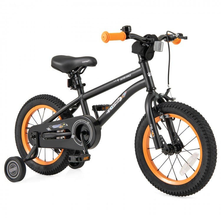 14-inch kids bike with adjustable seat, dual brake system, and removable training wheels for ages 3-5 years.