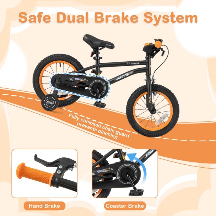 14-inch kids bike featuring a safe dual brake system, adjustable seat, and removable training wheels for ages 3-5.