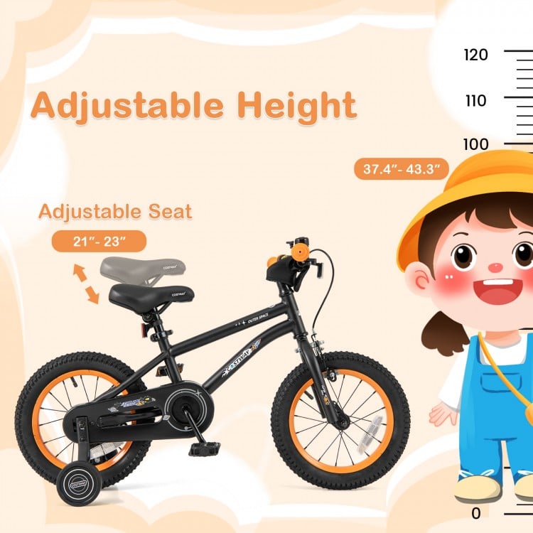 14-inch kids bike side view showcasing the adjustable seat height and sturdy high carbon steel frame for young riders.