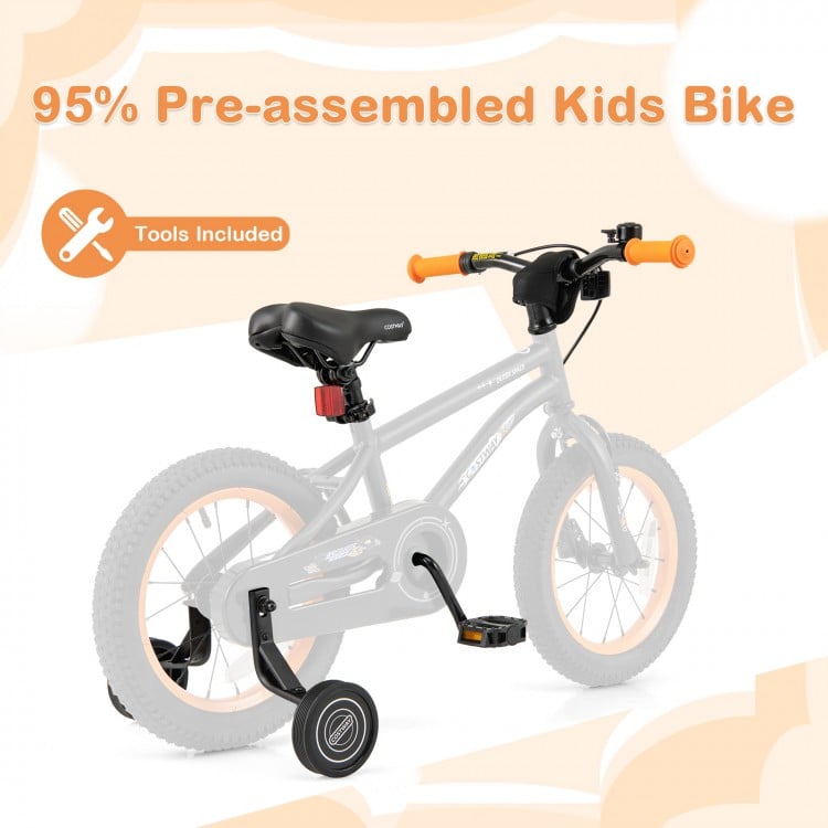 14-inch kids bike with adjustable seat, dual brake system, and removable training wheels for ages 3-5, tools included.