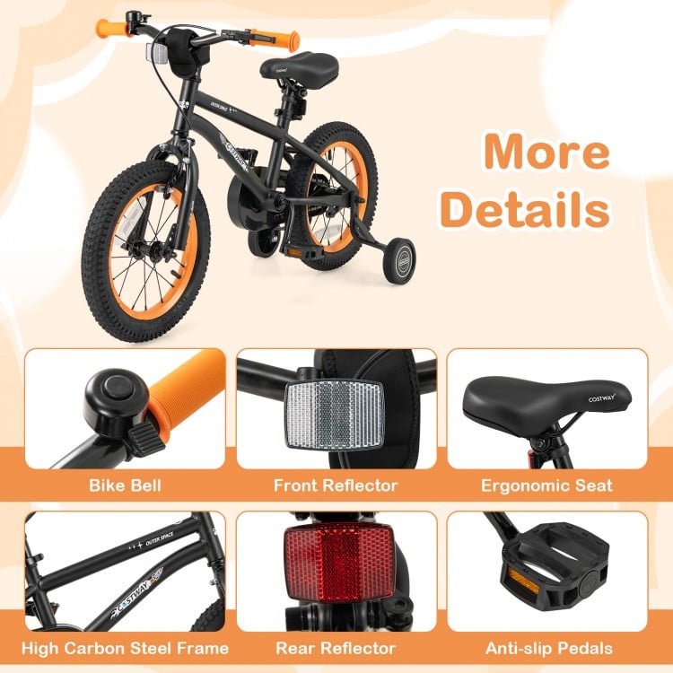 14-inch kids bike featuring a high carbon steel frame, adjustable ergonomic seat, and removable training wheels for.