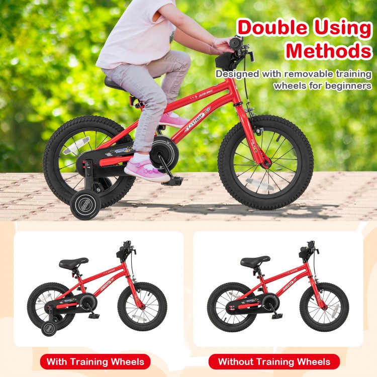 14-inch kids bike in red with removable training wheels, dual brake system, and adjustable seat for ages 3-8.