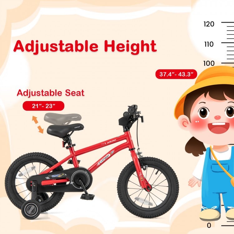 14-inch kids bike in red with adjustable seat, dual brake system, and removable training wheels for ages 3-8.