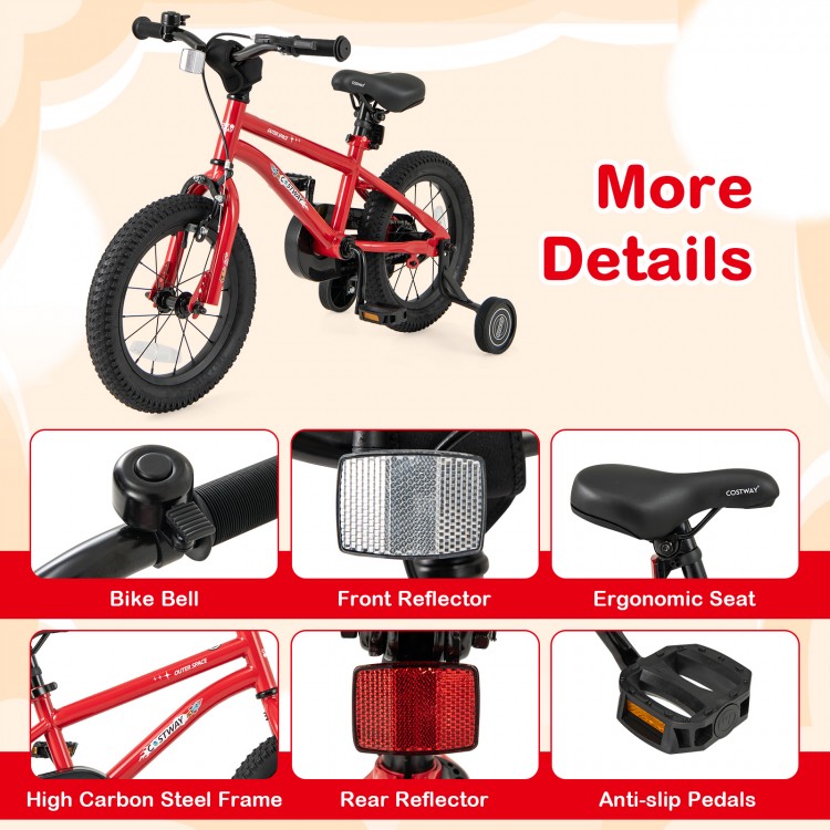 14-inch kids bike with high carbon steel frame, ergonomic seat, handbrake, and removable training wheels for ages 3-8.