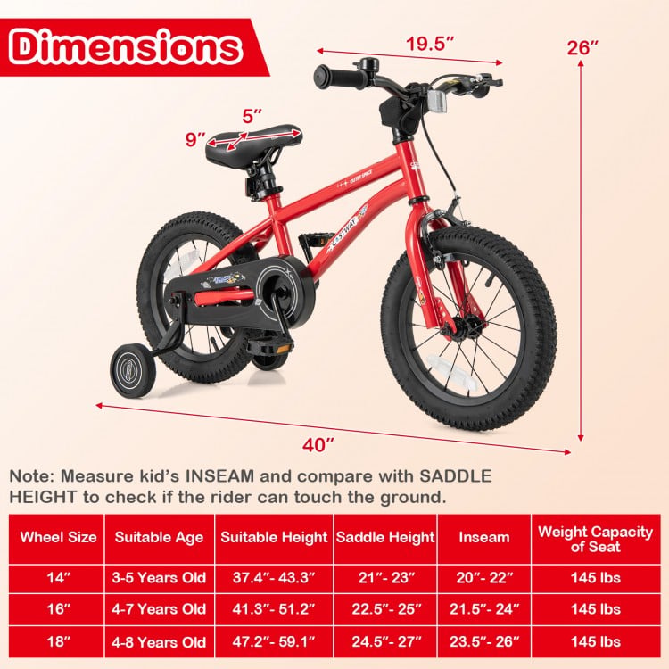 14-inch kids bike in red with training wheels, handbrake, and adjustable seat for ages 3-8, perfect for safe riding.