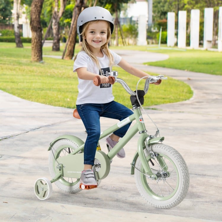 Kids bike with adjustable handlebar and saddle in green, featuring training wheels and a safe dual brake system for.