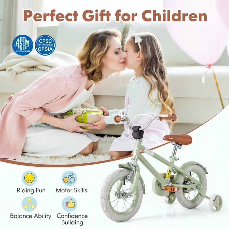 Kids bike in green with adjustable handlebar and saddle, featuring training wheels for balance and safety. Perfect for.
