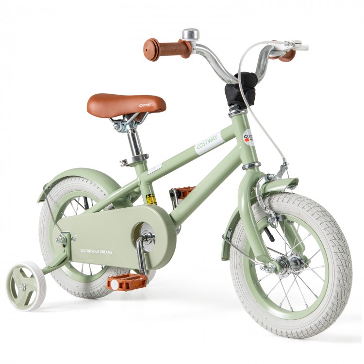 Kids bike in green with adjustable handlebar and saddle, featuring training wheels and a safe dual brake system for.