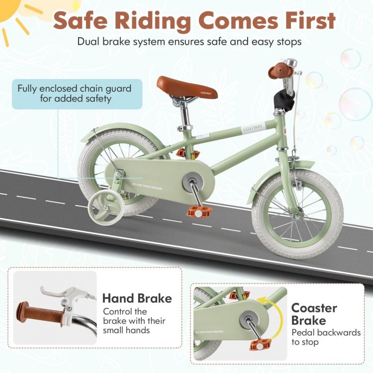 Kids bike in green with adjustable handlebar, enclosed chain guard, and dual brake system for safe riding.