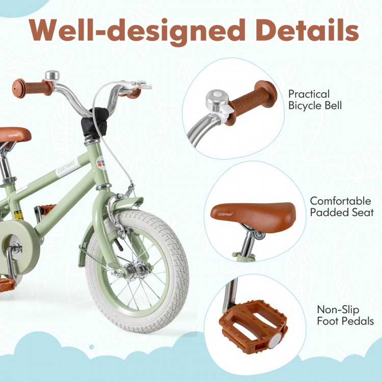 Kids bike with adjustable handlebar and saddle in green, featuring non-slip foot pedals and a practical bicycle bell.