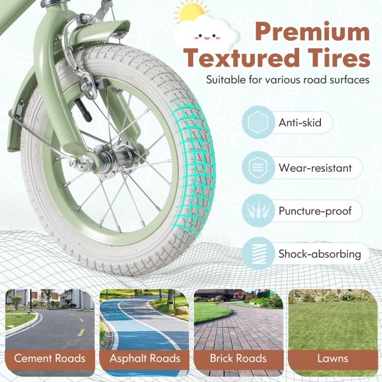 Kids bike with 12-inch green tires, featuring anti-puncture and shock-absorbing design for various road surfaces.