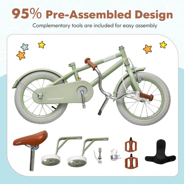 Kids bike in green with adjustable handlebar and saddle, featuring training wheels and a dual brake system for safety.
