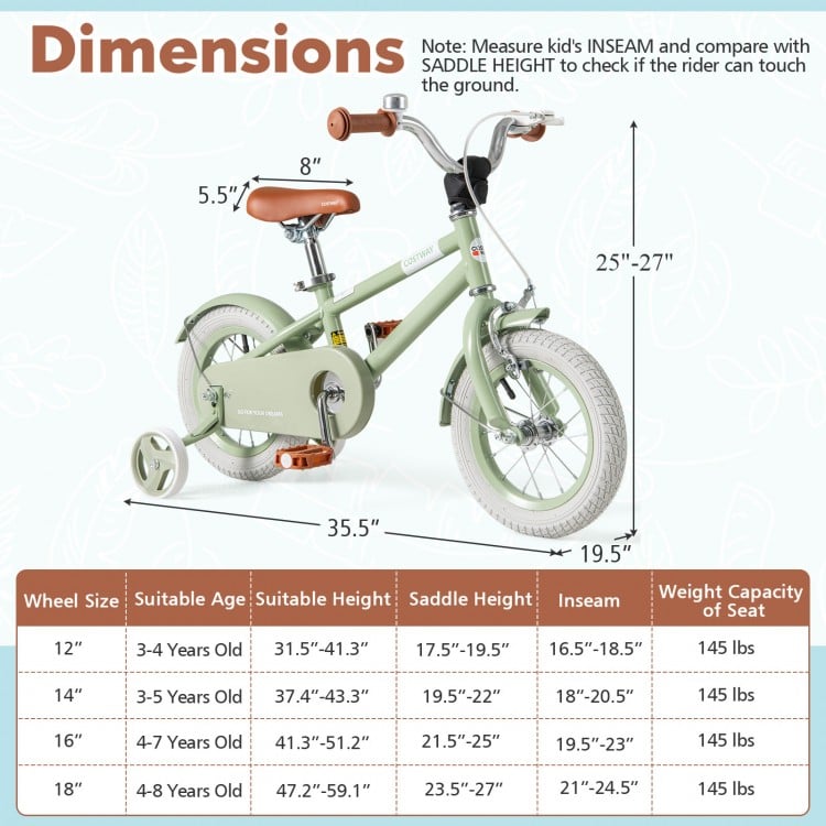 Kids bike in green with 12-inch wheels, adjustable handlebar and seat, designed for ages 3-8, featuring training wheels.