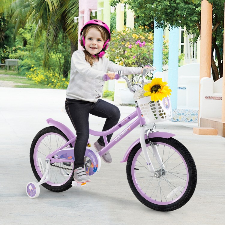 18-inch girl bike in purple with detachable training wheels and a front basket, perfect for kids aged 4-8 years.