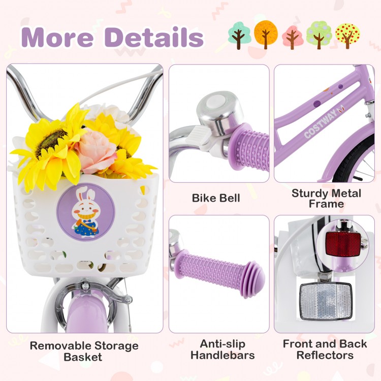 18-inch girl bike with removable basket, sturdy metal frame, and anti-slip handlebars for kids aged 4-8 years.