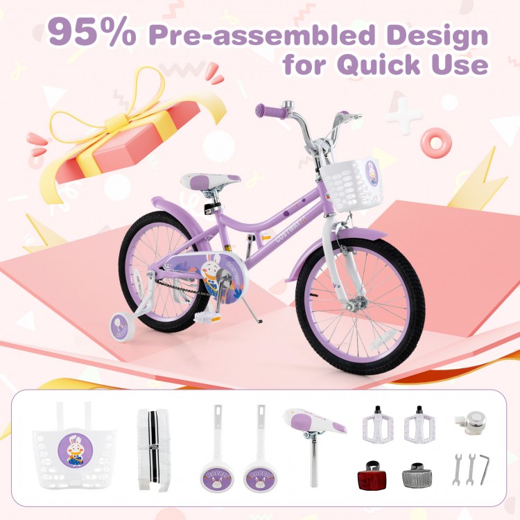 18-inch girl bike in purple with basket and detachable training wheels, designed for kids aged 4-8 for safe riding.