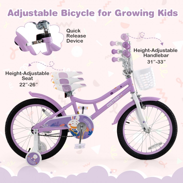 Adjustable 18-inch girl bike with basket, height-adjustable seat and handlebar, designed for kids aged 4-8 years.
