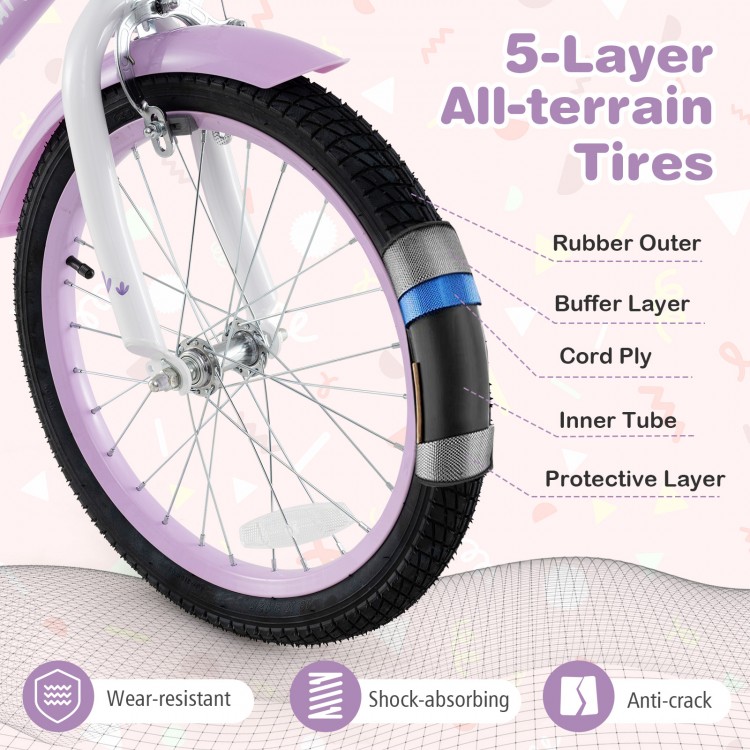18-inch girl bike with 5-layer all-terrain tires, adjustable seat, and detachable training wheels for kids aged 4-8.