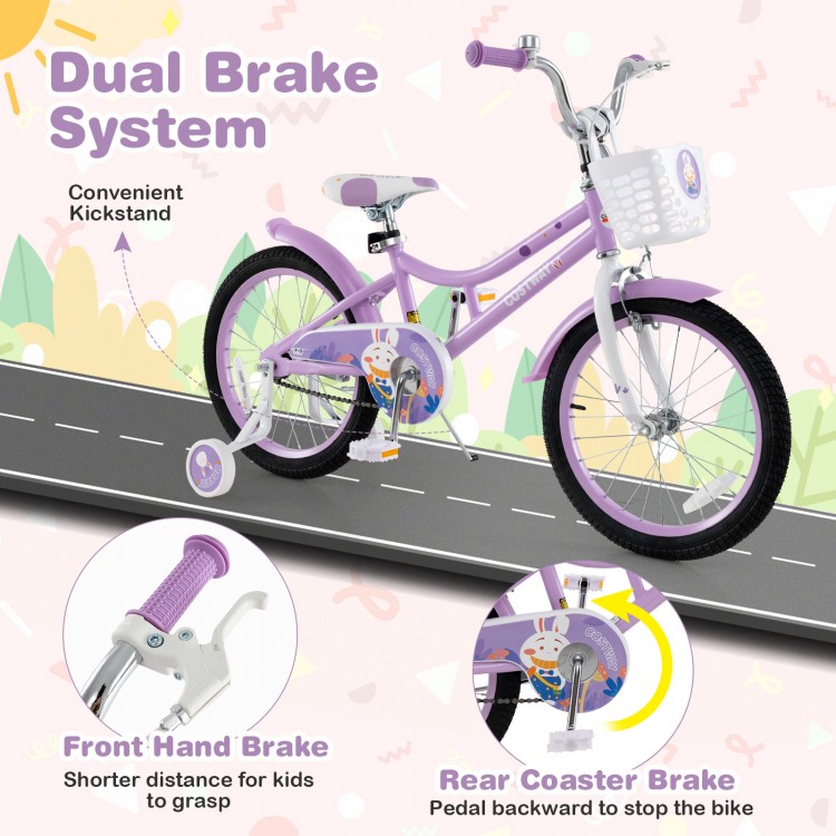18-inch girl bike in purple with detachable training wheels, dual brake system, and removable basket for kids aged 4-8.
