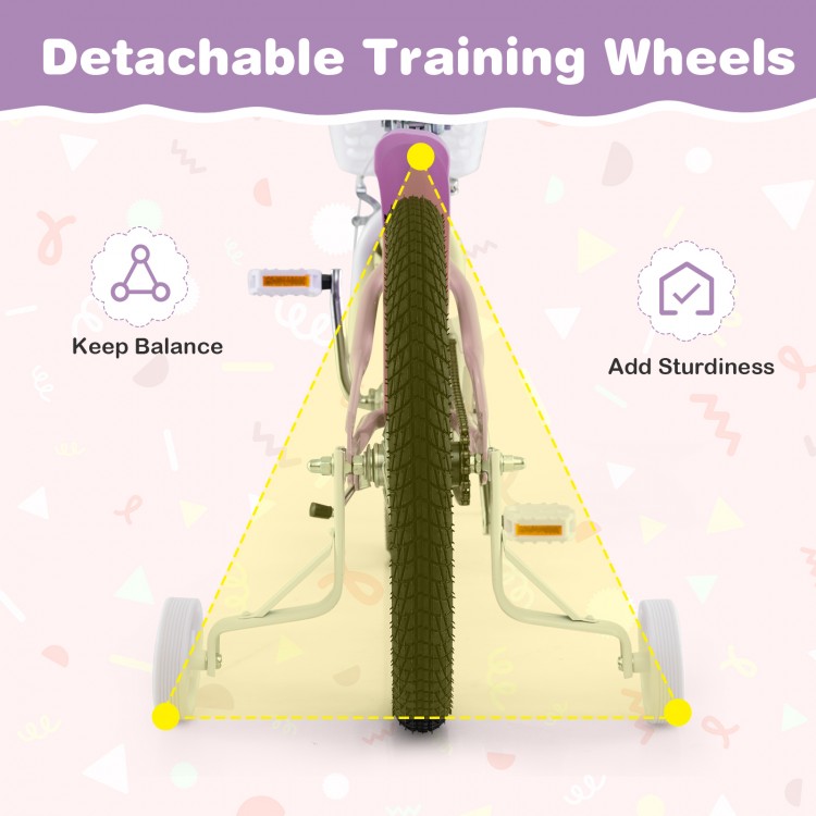 Detachable training wheels on an 18-inch girl bike for kids, enhancing balance and stability during learning.