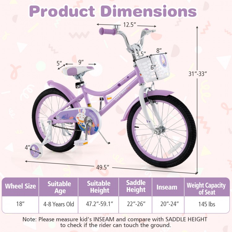 18-inch girl bike with adjustable seat and handlebars, detachable training wheels, and removable basket for kids aged.