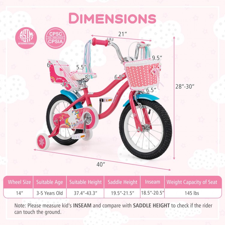 14/18 Inch Girls Bike for 3-8 Years Old Kids Bike with Doll Seat and ...