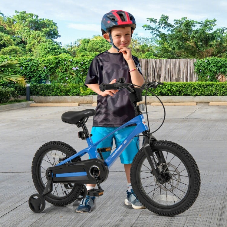Blue 16-inch kids bike with adjustable features, designed for safety and balance, ideal for ages 4 to 7.