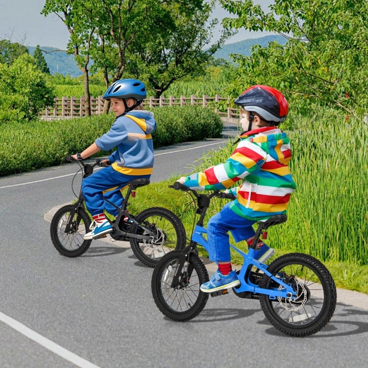 Two kids riding 16-inch magnesium alloy bikes with training wheels on a scenic path, perfect for ages 4 to 7.