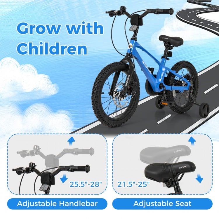 16-inch kids bike in blue with adjustable seat and handlebar, designed for ages 4 to 7, featuring removable training.