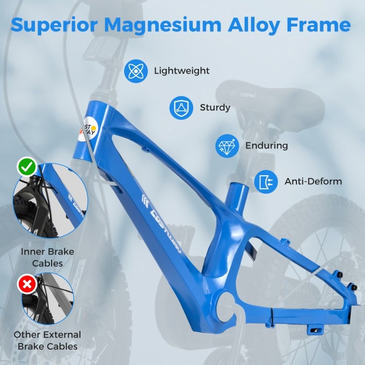 Blue magnesium alloy frame of a 16-inch kids bike, featuring adjustable seat, inner brake cables, and removable.